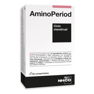Amino Period, ciclo menstrual,  es un suplemento formulado con 14 ingredientes y aminoácidos que promueven el bienestar antes y durante el ciclo.