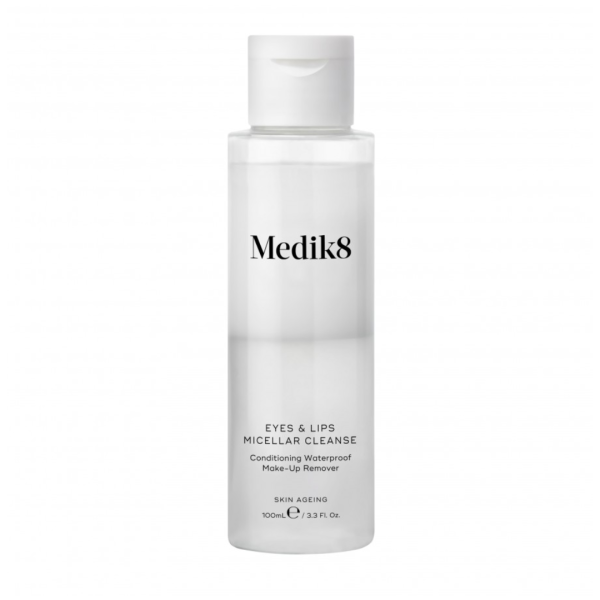 Medik8 Eyes & Lips Micellar Cleanse, limpiador suave y efectivo, formulado para eliminar el maquillaje resistente al agua sin causar irritación.